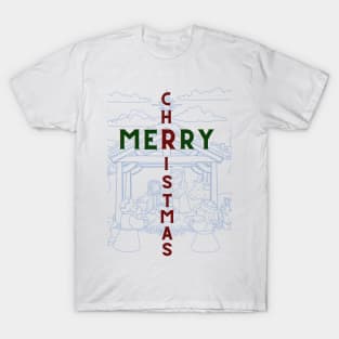 Merry Christmas Manger Scene Blue Background T-Shirt